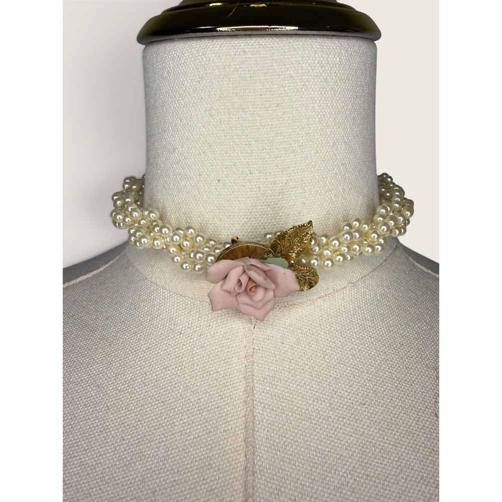 Vintage 1928 Faux Pearl Rose Choker Necklace Cottagecore Jewelry